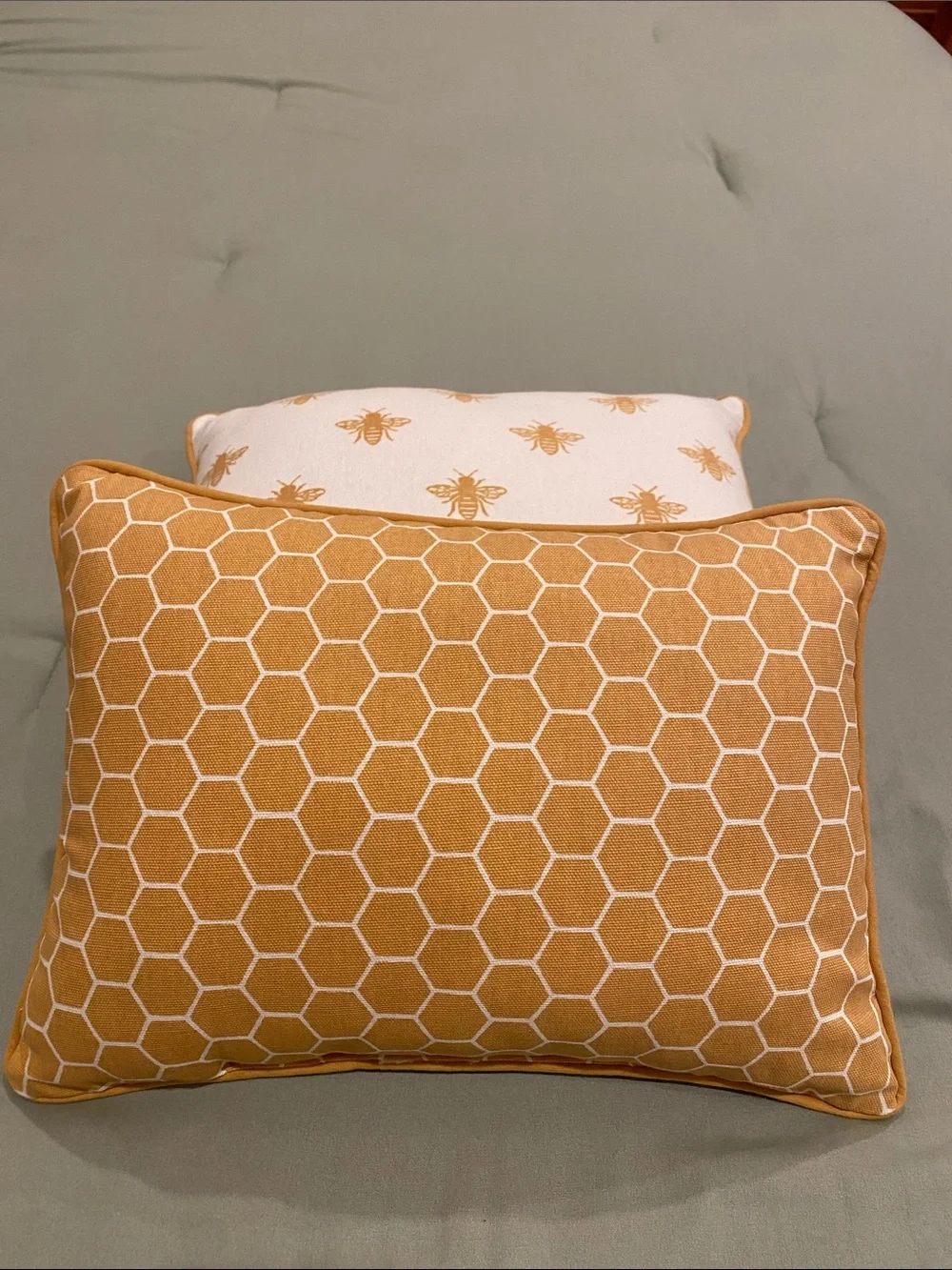 Set of Two Reversible Bee Pattern Decorative Throw Pillows in Mustard and White